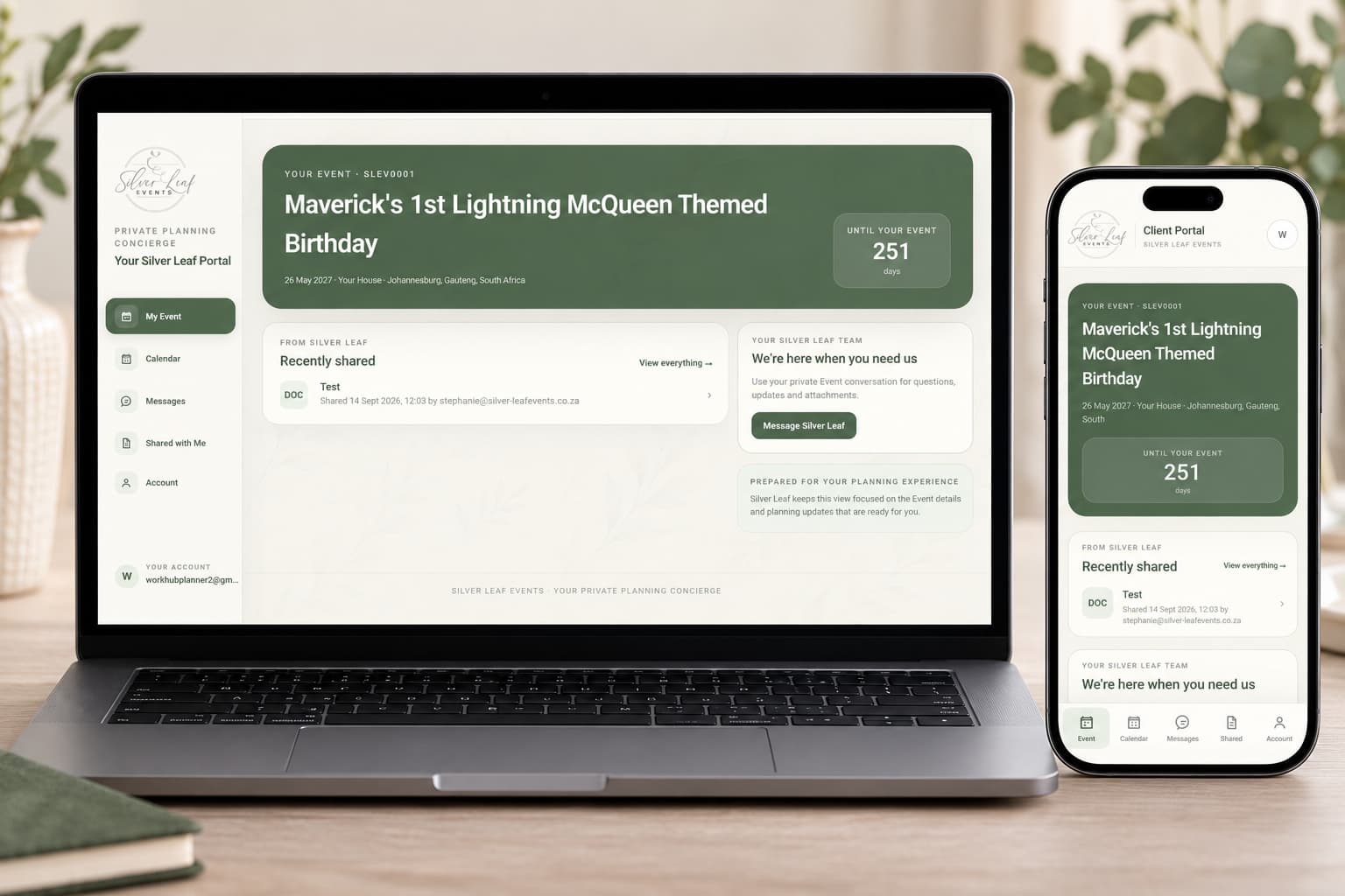 Silver Leaf Events Planner shown on laptop and mobile
